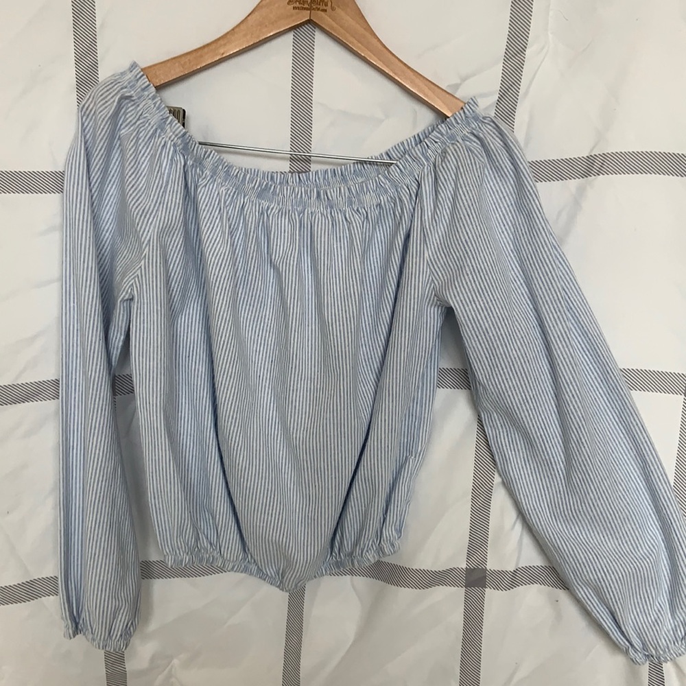 white and blue stripped off the shoulder blouse